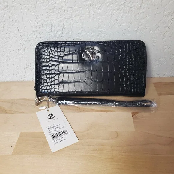 CXL by CHRISTIAN LACROIX Kara Croco Zip Around Wallet Black Wrist Strap Wristlet