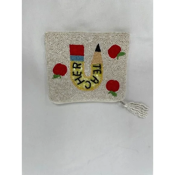 Unbranded Beaded Teacher Pouch Women Small White Excellent Pencil Apple Gift