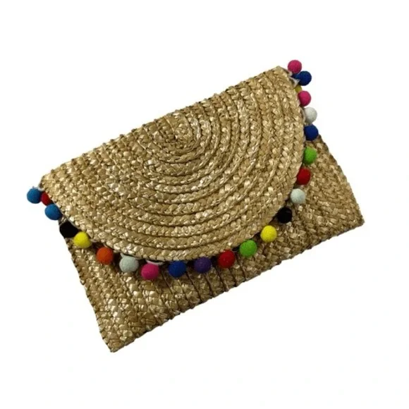 Shiraleah Chicago Natural Pom Pom Woven Straw Summer Clutch