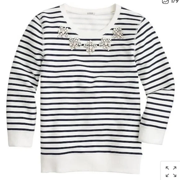 J Crew Jewel Embellished Striped Navy and White Top