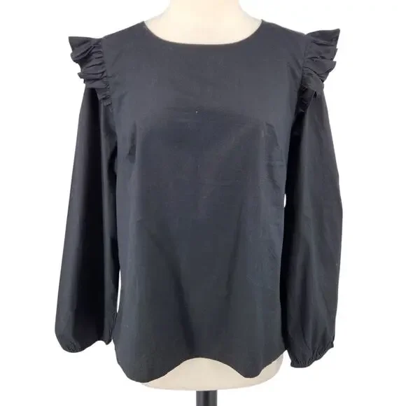 J Crew Ruffle Blouse – Black Long Sleeve Romantic Ruffle Shoulder
