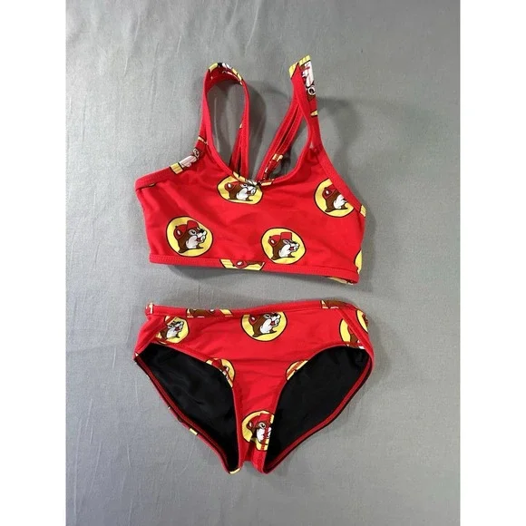 Buc-ee's Girls YXS Red Two-Piece Swimsuit All Over‎ Logo Beaver Print