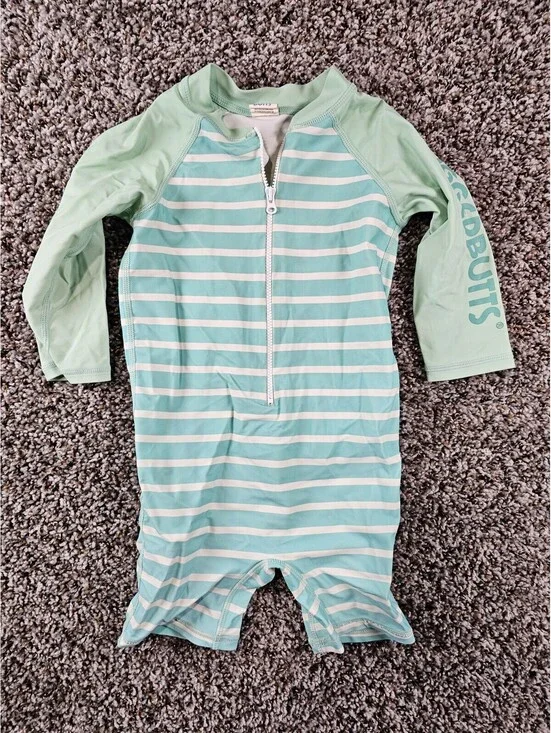Rugged Butts Baby 18-24M One Pieve Swimsuit Rashguard Teal Striped Long Sleeve