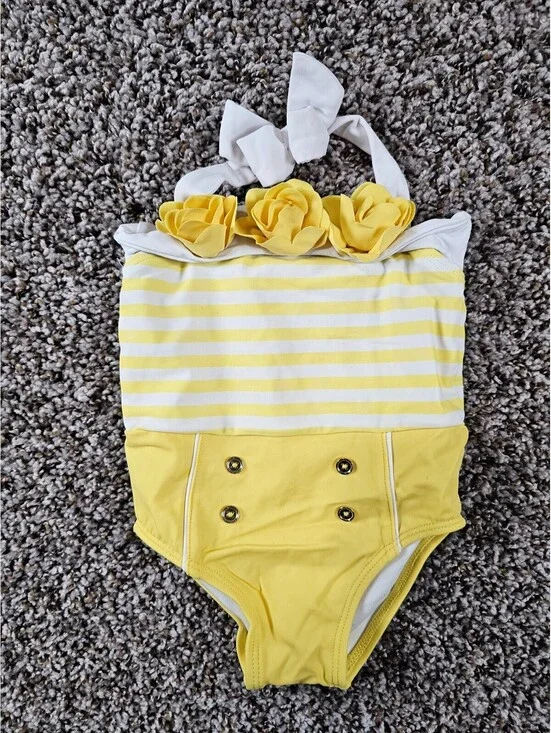 Janie & Jack Baby Girls Sz 6-12M One Piece Swimsuit Yellow White Striped Halter