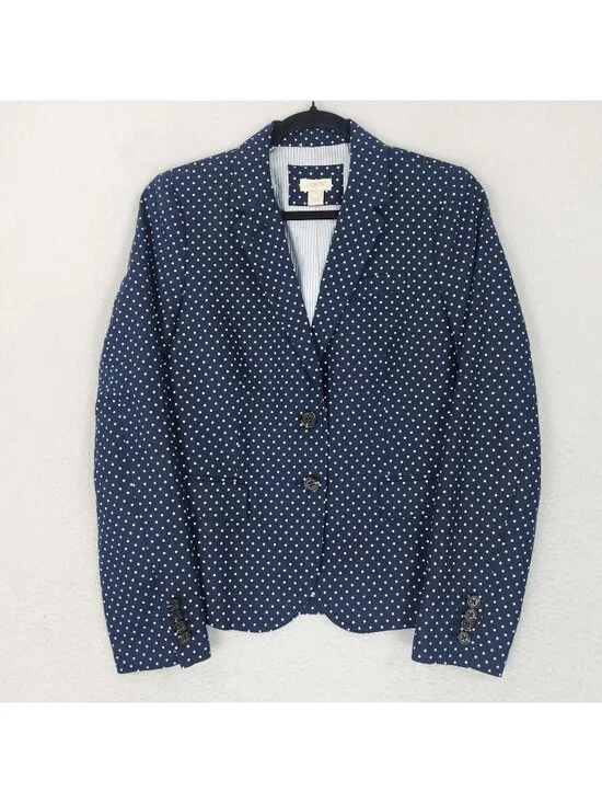 J Crew Jacket Womens 6 Blue Polka Dot Linen Blend Two Button Blazer Career