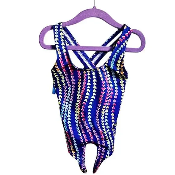 Land's End Girls 4 Bathing Suit Tie Up Top Heart Print Tankini Swimsuit Tank