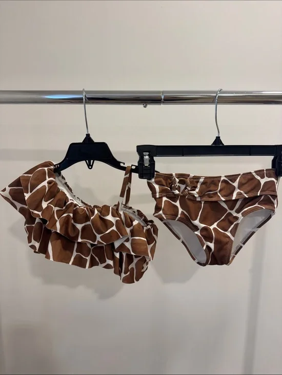 Janie and Jack Brown Giraffe Print Ruffle Bikini Set
