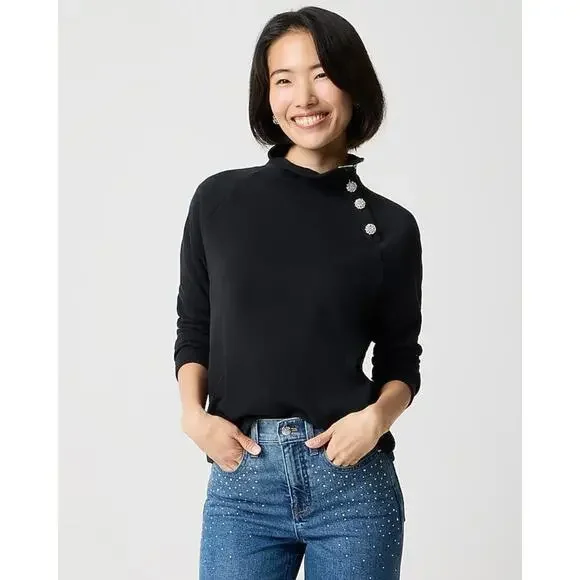J Crew Jewel Button Mockneck Pullover Sweater Sz XL Black Loose Fit Minimal NWT