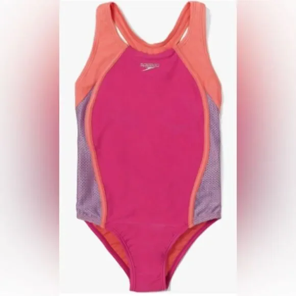 Speedo Big Girl's Swimsuit One Piece Mesh Splice Thick Strap, Size 16, Rose