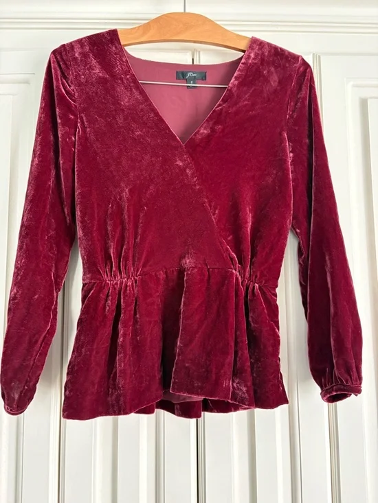 J. Crew Velvet Peplum Wrap Blouse Wine Red V Neck Top Size 2 Victorian Y2K
