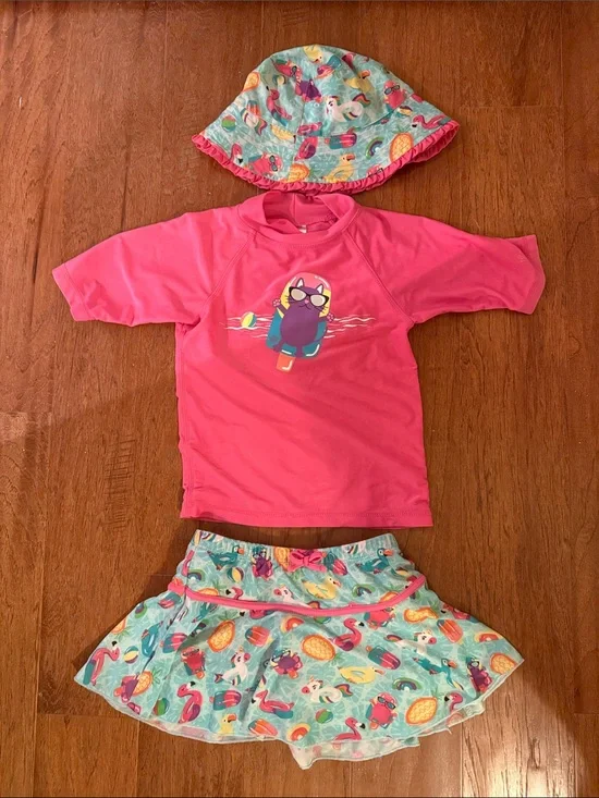 Girls' Hot Pink Rash Guard Swim Top with Aqua Tropical Skirt & Hat