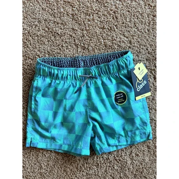 Cat & Jack Green Checkered Swim Trunk Shorts Built In Briefs Boys 6/7 NEW NWT