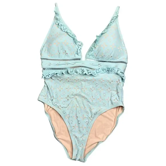 J Crew Eyelet Swimsuit Womens 14 Blue One Piece Ruffle Plunge Scalloped K9136