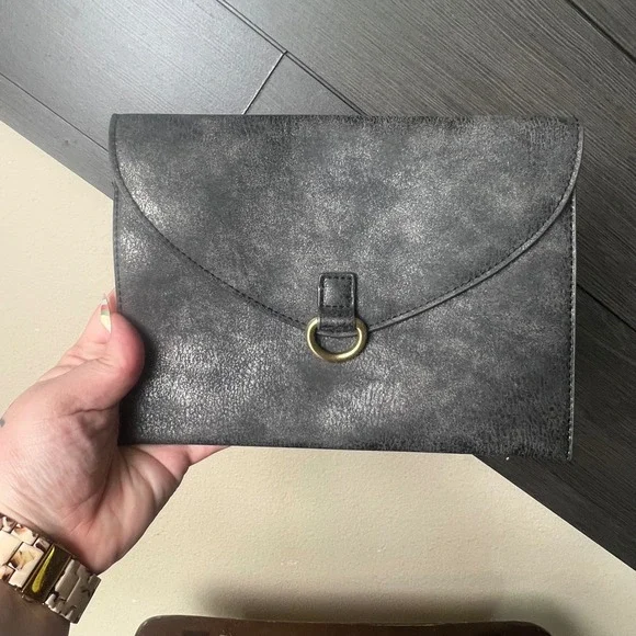 Anthropologie‎ Metallic Envelope Clutch Foldover Evening Bag Silver Gray NWOT
