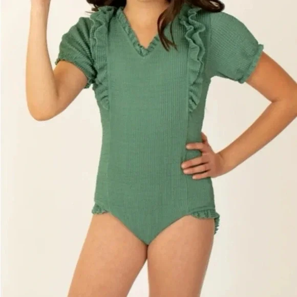 NWT Mia Joy Joyfolie Size 12 Selene Sage green ribbed ruffle‎ One Piece Swimsuit
