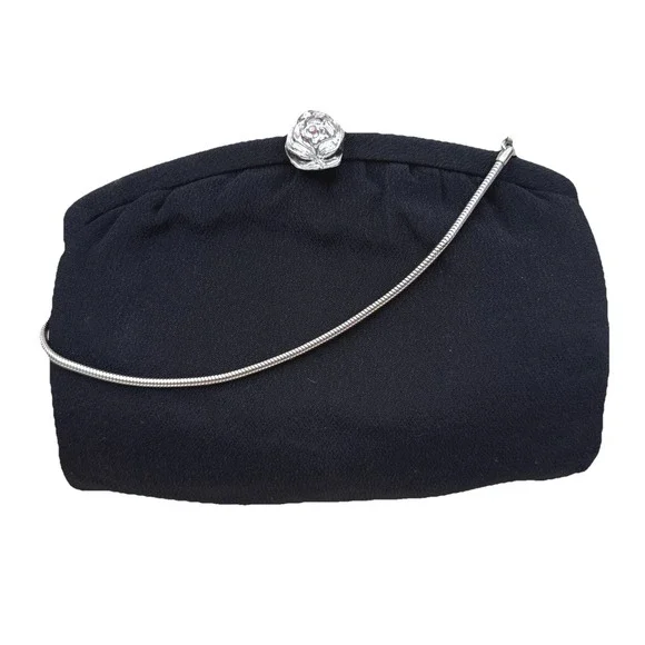 Vintage Black Twill Evening Clutch Bag Silver‎ Rose Clasp Snake Chain Strap