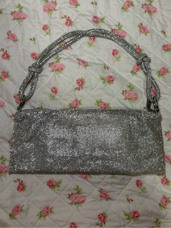 Silver Crystal Evening Clutch Bag with Knotted Strap