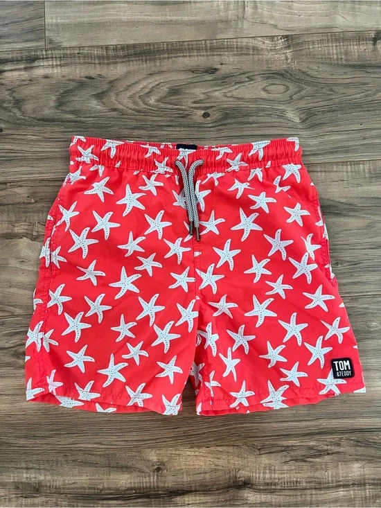 Tom & Teddy Boys Red Starfish Swim Trunks Shorts Size 9-10 - Like New