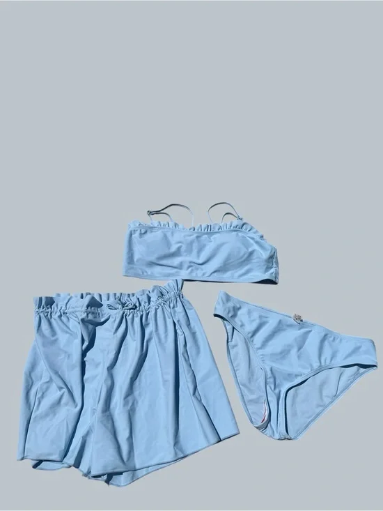 Girls 3 Piece Light Blue Ruffled Bikini with Short Swim Suit Size 160 aka 14 #26
