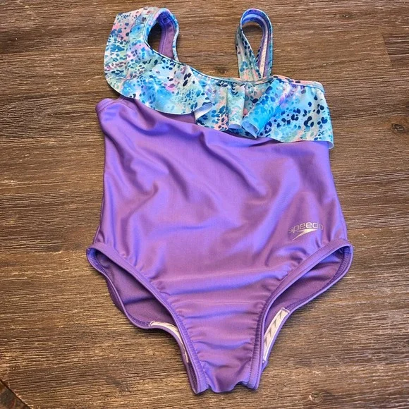 Speedo Girls Purple Ruffle One‎ Piece Swimsuit Size XS Blue Abstract Print