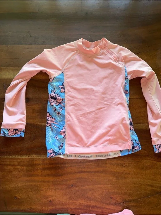Coolibar Pink Long-Sleeve Rash Guard with Blue‎ Floral Panels
