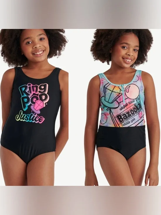 NWT Bundle of‎ 2 Justice Girls' Black Multicolor Ring Pop One-Piece Swimsuits