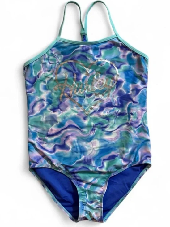 Hurley Girls' Multi Blue Teal Marble One-Piece Swimsuit