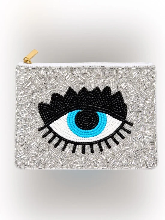 Beaded Eye Zip Pouch - Silver and Blue