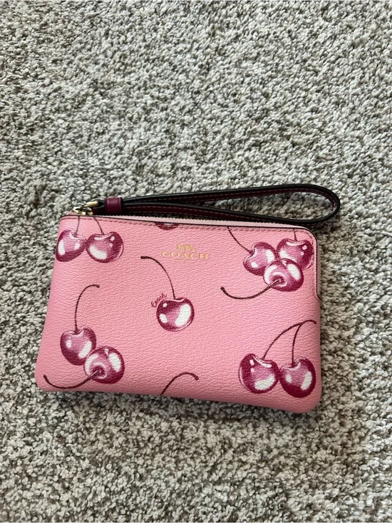 Coach Pink Cherry Print Wristlet Clutch with Gold Logo