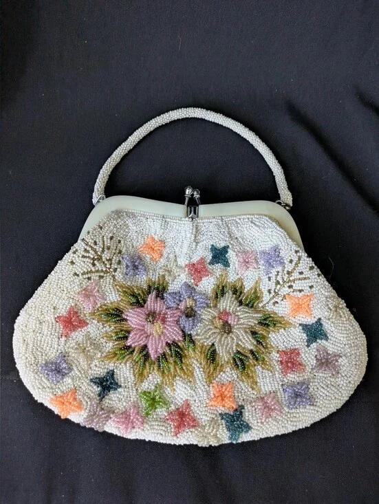 Beaded Floral Evening Handbag - Cream with Pastel Flowers Vintage