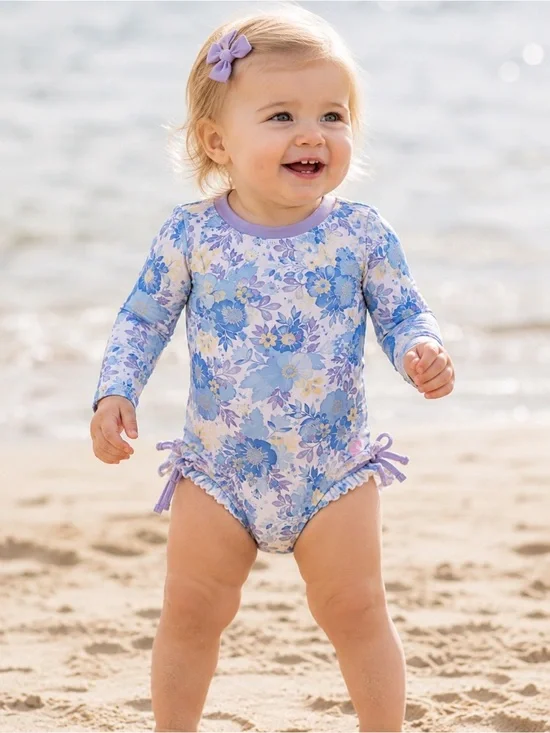 RuffleButts Baby Girls Floral Long Sleeve One Piece Swimsuit 6-12M