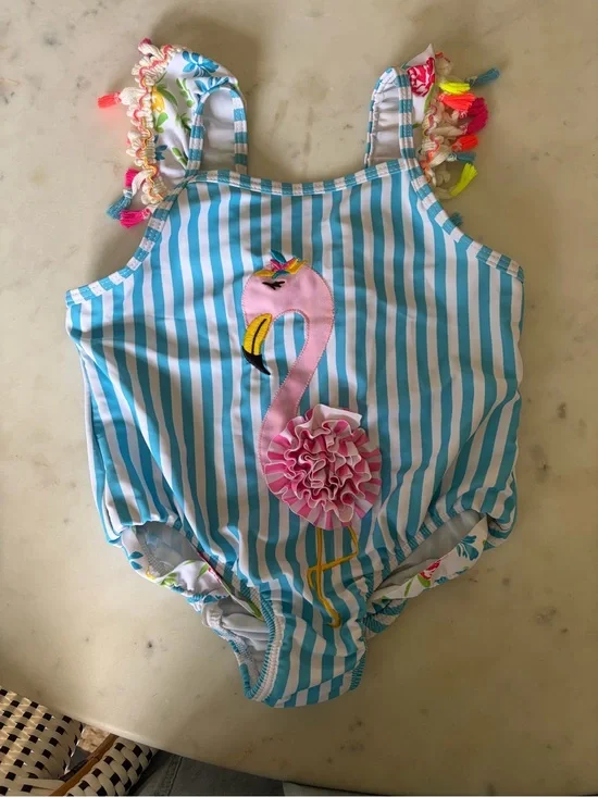 Adorable Kids Blue Stripe & Flamingo One-Piece Swimsuit with Boho Tassel Straps