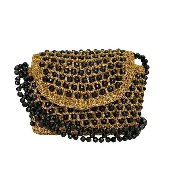 Vintage Italian Gold Crochet Black Bead Glam Evening Bag - Made in Italy Handbag
