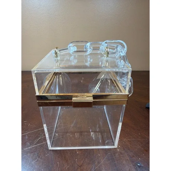 Clear Acrylic Box Clutch Bag with Gold Hardware and Chunky Chain Handle‎