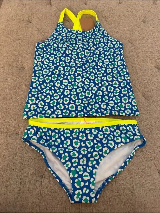 NWT MINI BODEN GREEN AND BLUE LEOPARD NEON TANKINI TWO PIECE BATHING SUIT 9-10