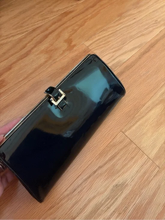 Vintage Black Patent Leather Clutch Bag with Gold Buckle