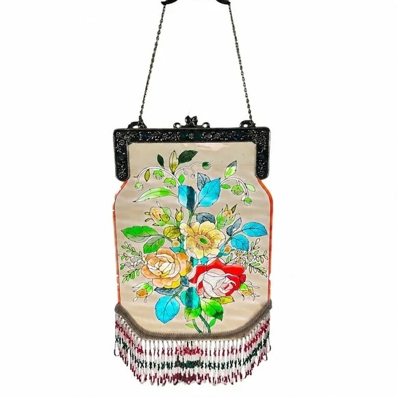 Amia Stained Glass Floral Evening Bag Small Multicolor Excellent Beaded Fringe