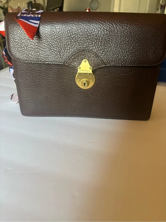 Burberry Brown Leather Clutch with Gold-Tone Lock and Scarf Accent