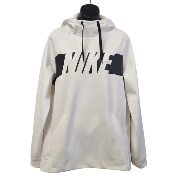 Nike Dri Fit Men's Pullover Hoodie White Black Fleece Lined Size Medium