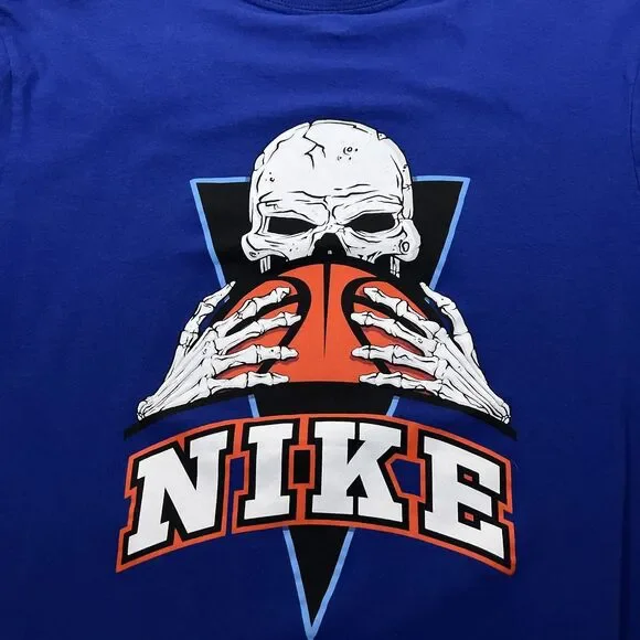 Nike Adult Shirt Medium Blue Orange Basketball Skull Skeleton Pullover Tee Mens