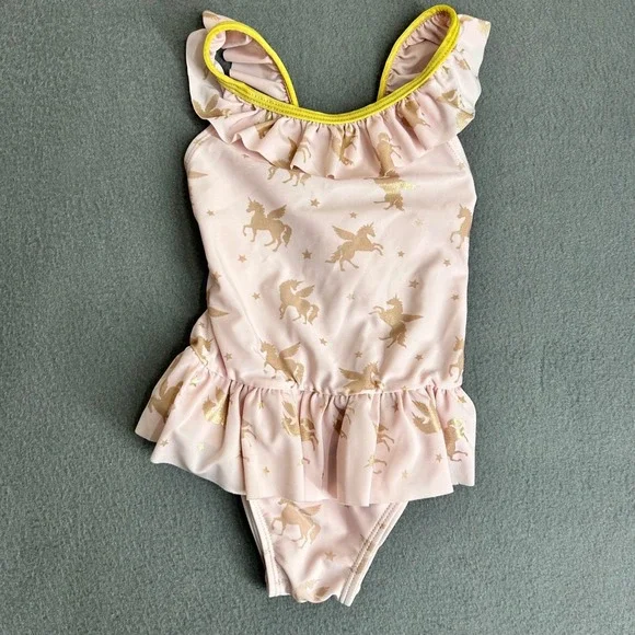 Cat & Jack Swimsuit Girls 4T Pink Gold Unicorn Ruffle One Piece Swimwear