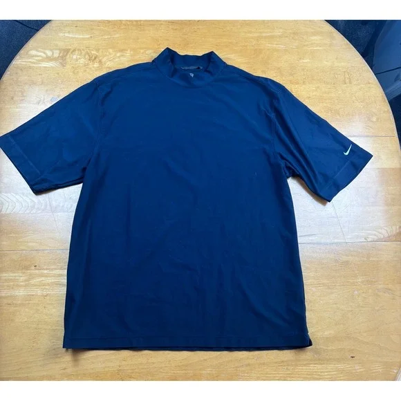 Nike Golf Mens Large Navy Blue Dri-FIT UV Mock Neck Short Sleeve Shirt Y2K