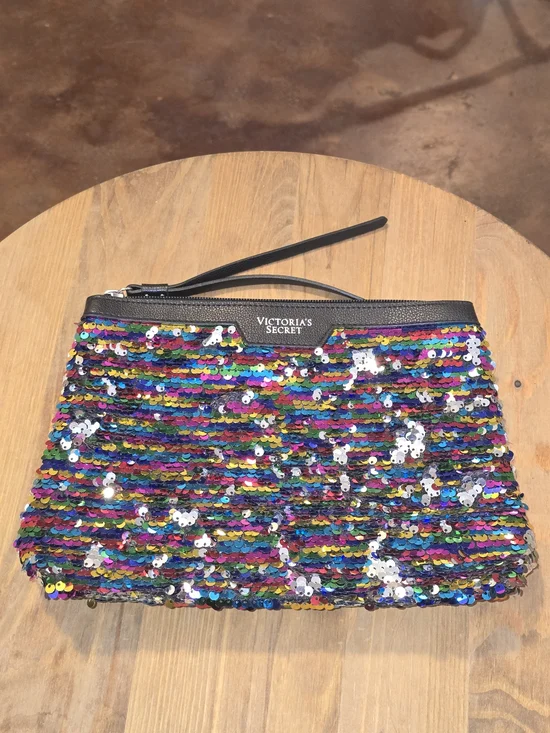Victoria's Secret Black Faux Leather Rainbow Sequin Clutch Makeup Bag