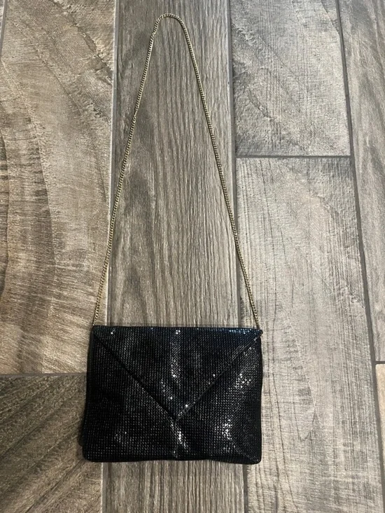 Vintage Whiting & Davis Black Sequin Envelope Shoulder Bag with Gold Chain