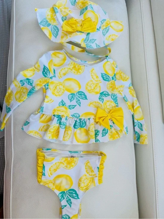 Tommy Bahamas Lemon Print Swim Set with Sun Hat - Yellow & Green 2T