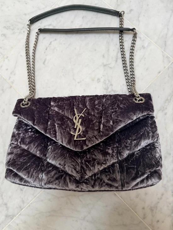 Saint Laurent Small Loulou Puffer Shoulder Bag in Iron Grey Crushed Velvet
