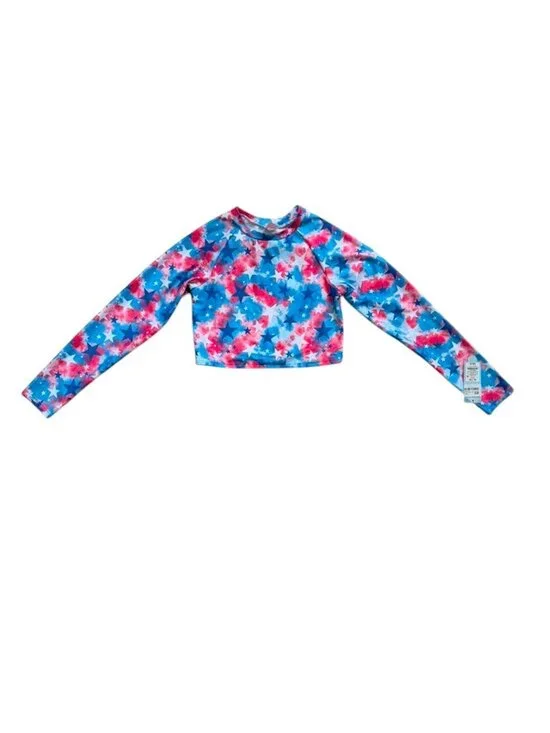 Cat & Jack Girls NWT Star Tie Dye Long Sleeve Crop Swim Rash Guard Top.