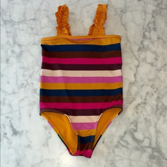 Zimmermann Colorful Ruffle Strap Striped Swimsuit 2Y
