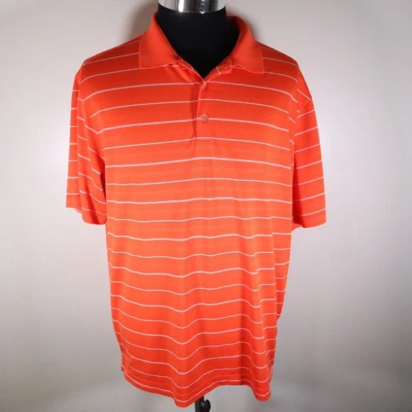 Nike Golf Polo Shirt Mens Large‎ Dri-Fit Performance Orange Striped Short Sleeve