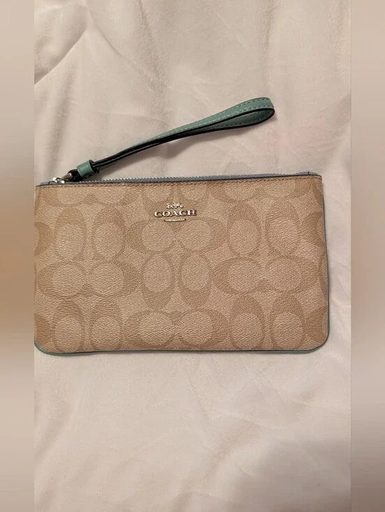 Large Corner Zip Wristlet Signature Canvas Khaki Blue VGC